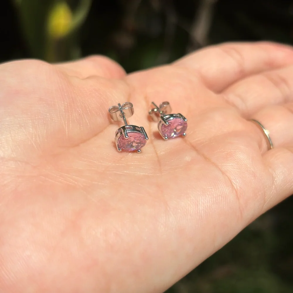 18K White Gold Plated Baby Pink Diamond Stud Earrings - Picture 5 of 6